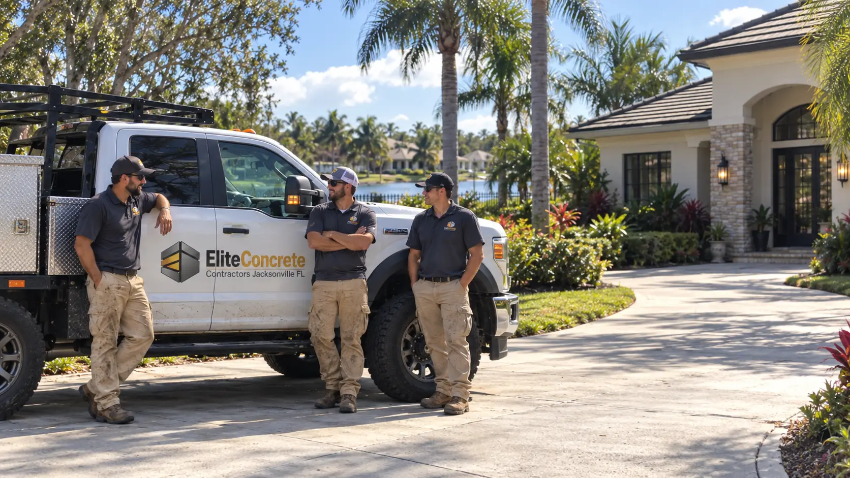 Elite Concrete Contractors crew standing beside the company's branded truck in Jacksonville, FL
