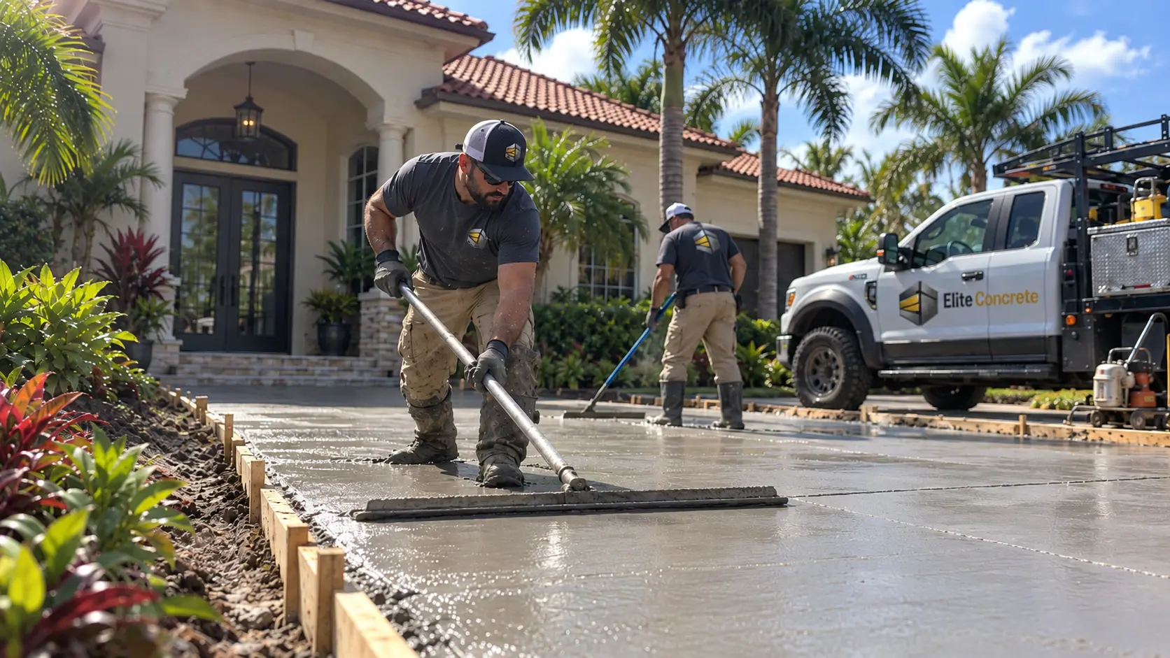 Concrete crew finishing a wet residential driveway slab in Jacksonville, FL