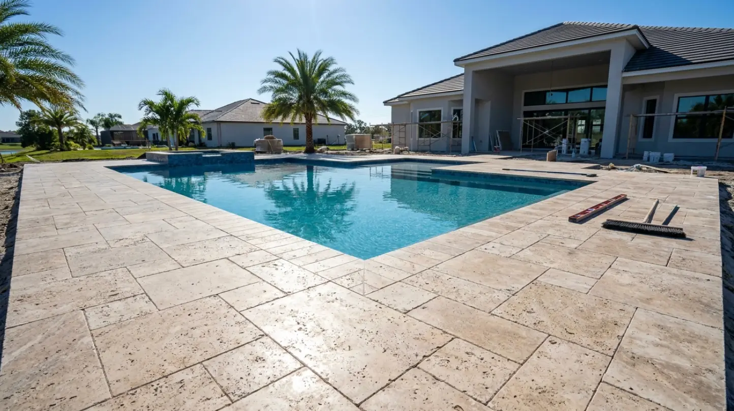 Travertine-look concrete pool deck with a light, heat-minded finish