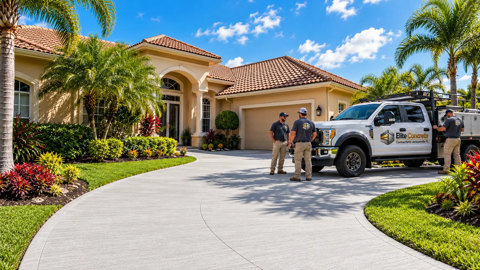 Elite Concrete crew and branded truck at a finished residential concrete driveway in Jacksonville, FL