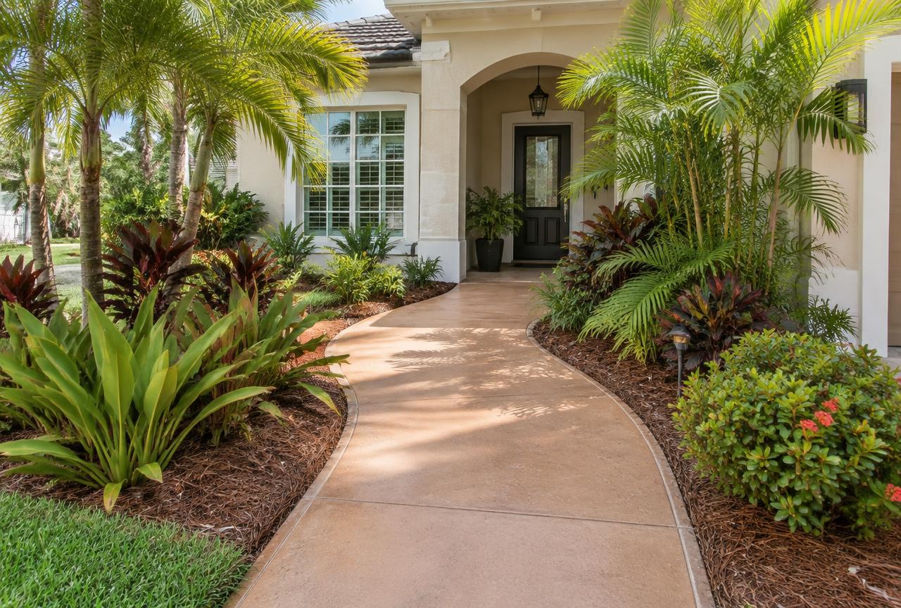 Colored concrete walkway curving to a home's front entry